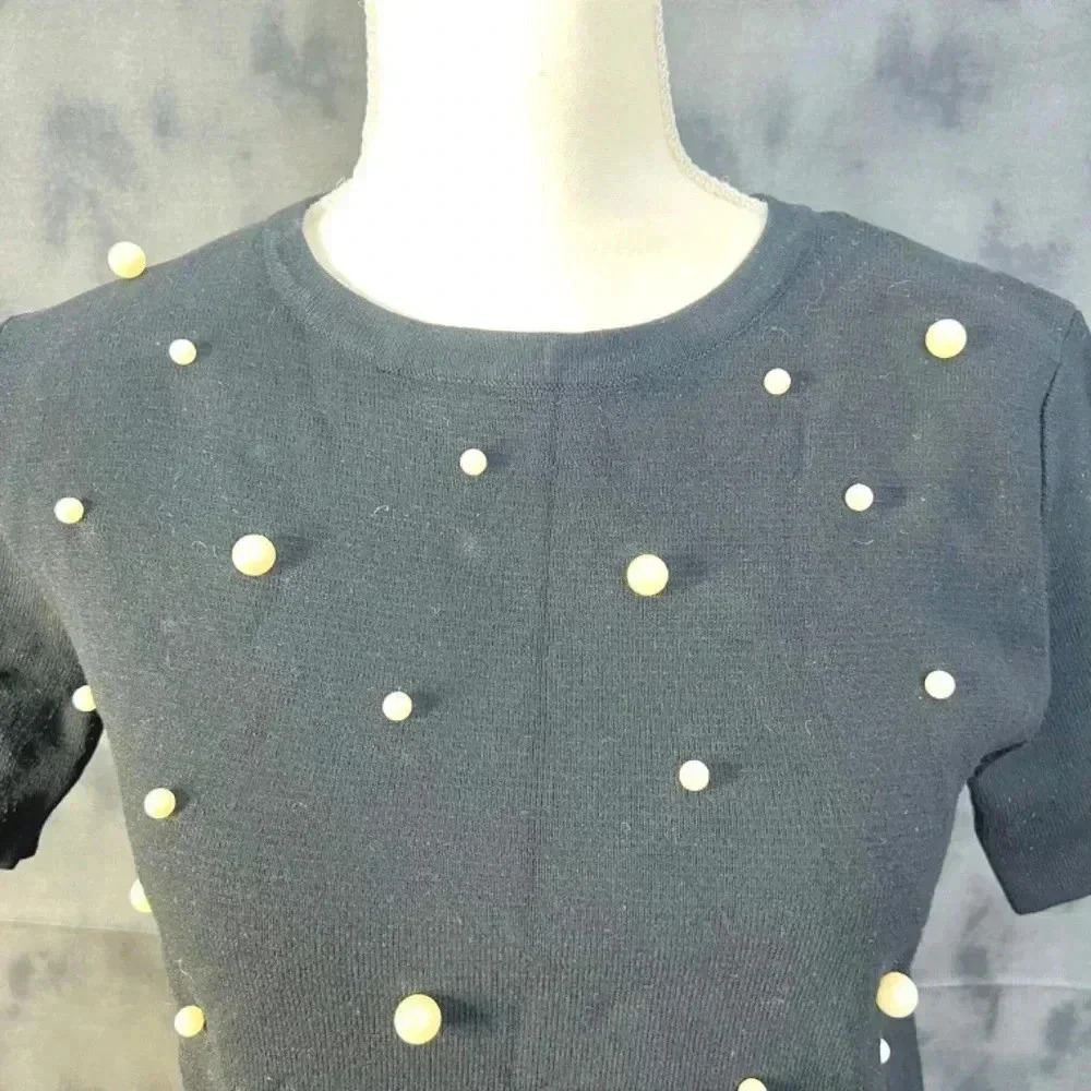 Zara Pearl Embellished Black Knit Short Sleeve Top Size S - Picture 2 of 7